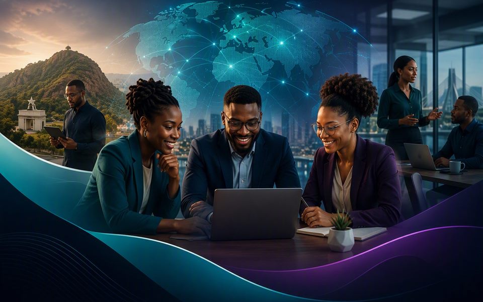 Illustration of three founders working at a laptop, with a world map and a city skyline behind them